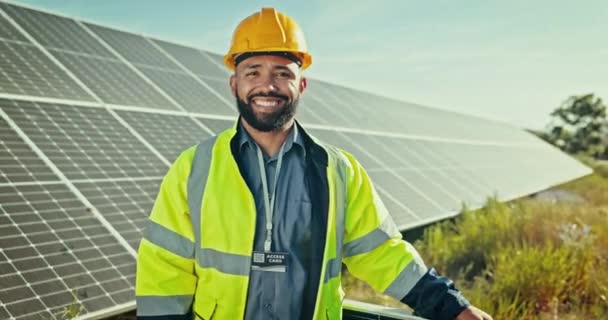 Happy man, engineer and solar panel for renewable energy or eco friendly environment in nature. Portrait of person, contractor or technician smile for outdoor electrical installation in countryside. - Footage, Video
