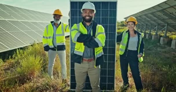 Face, people or team for smile of solar panel, installation or renewable energy for sustainable development. Diverse group, engineer or happy by arms crossed for decision in career, job or occupation. - Footage, Video