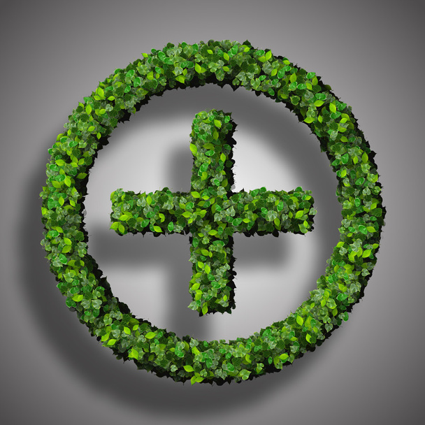 Pharmacie Plus avec anneau, panneau composé de feuilles vertes isolées sur fond noir. rendu 3D
. - Photo, image
