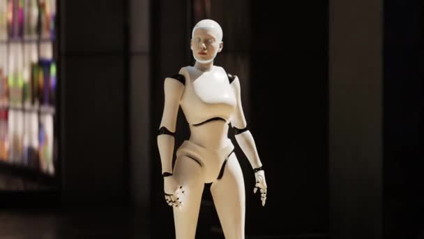 robot femelle séjournant dans une rue dans une grande ville et regardant autour. robot humanoïde AI parmi les gens. Animation 3D. concept futur. - Séquence, vidéo