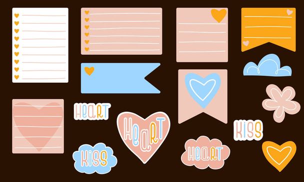 Paper notes, bookmarks with heart. Lettering, flower, cloud and heart stickers. Stickers with words Heart and Kiss. Set papers and stickers for Valentines Day. Vector illustration - Vector, Image