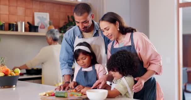 Οικογένεια, παιδιά και μαγειρικά λαχανικά στην κουζίνα για γιορτινή γιορτή, εξοχικό ή γεύμα. Μητέρα, πατέρας και διδασκαλία διατροφής με λαχανικά γιού ή κόρης για ευτυχισμένη σύνδεση, υγεία ή δέσιμο. - Πλάνα, βίντεο