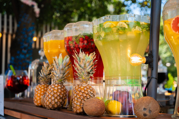 A series of colorful, fruit-infused water dispensers, flanked by pineapples and coconuts, creating a tropical refreshment scene - Photo, Image