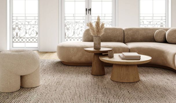 Světlý obývací pokoj se koupal v přirozeném světle s minimalistickým boho skandinávským nábytkem a velkými okny. 3D vykreslení - Fotografie, Obrázek