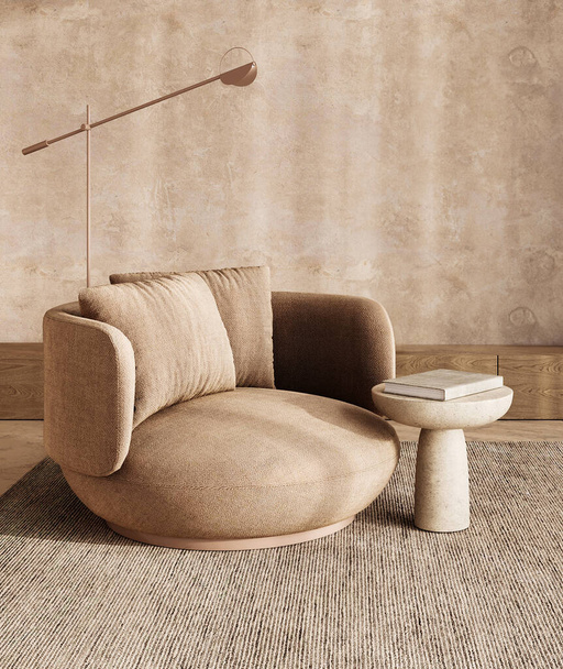 Este acogedor rincón escandinavo del Boho cuenta con un sillón suave y una lámpara de pie distintiva, colocada sobre un fondo beige texturizado. 3d renderizar - Foto, imagen
