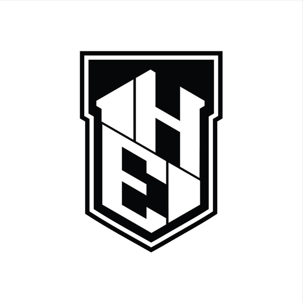 HE Letter Logo monogram šestiúhelník geometrický nahoru a dolů uvnitř štítu izolované styl design šablony - Fotografie, Obrázek