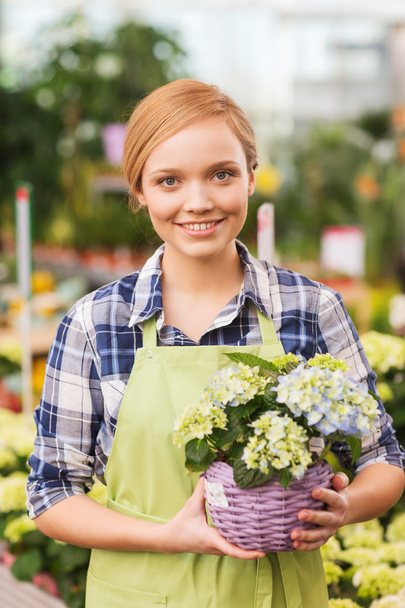 happy woman holding flowers in greenhouse - 写真・画像