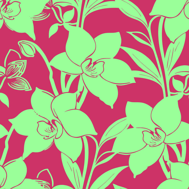 seamless purple green floral pattern, monochrome ornament, design, texture - Vector, Image