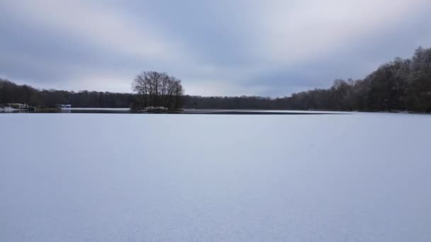 Zima Śnieg jezioro drewno las pochmurne niebo Niemcy. Dron. przelot nad dronem Wysokiej jakości materiał 4k - Materiał filmowy, wideo