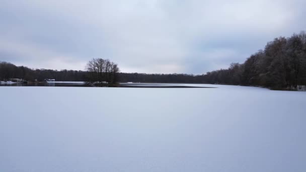 Talvi Lumikki järvi puu metsä pilvinen taivas Saksa. Lennokki. puomi liukuu vasemmalle drone Laadukas 4k kuvamateriaalia - Materiaali, video