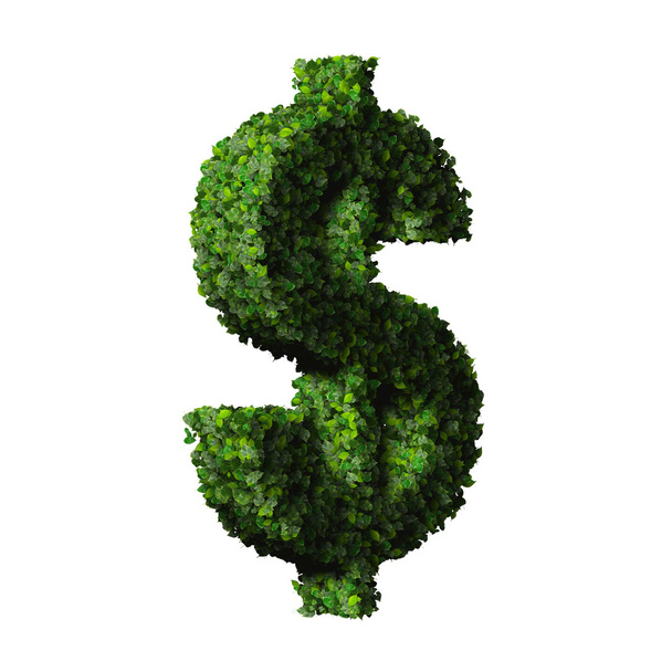 Dollar (currency) symbol or sign made from green leaves isolated on white background. 3d render. - Фото, изображение