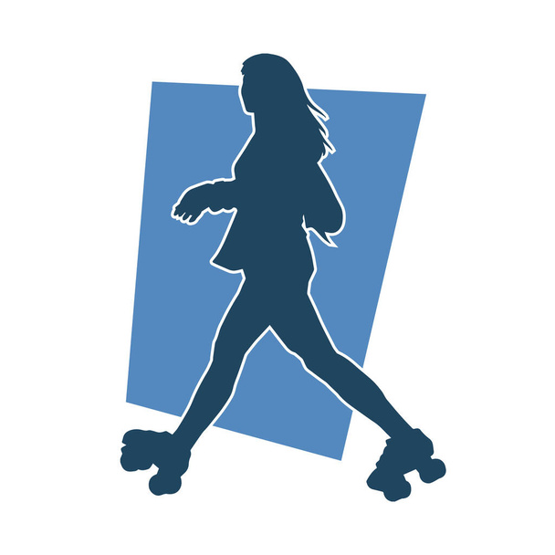 silhouette of a sporty female on a roller skate. Silhouette of sporty woman have fun on roller wheels. - Vector, Image