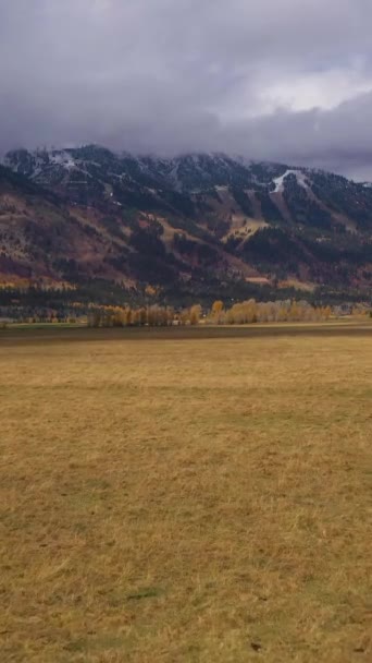 Teton Mountain Range and Red Meadow on Autumn Cloudy Day. Jackson Hole, Wyoming, USA. Aerial View. Drone Flies Forward at Low Level. Vertical Video - Footage, Video