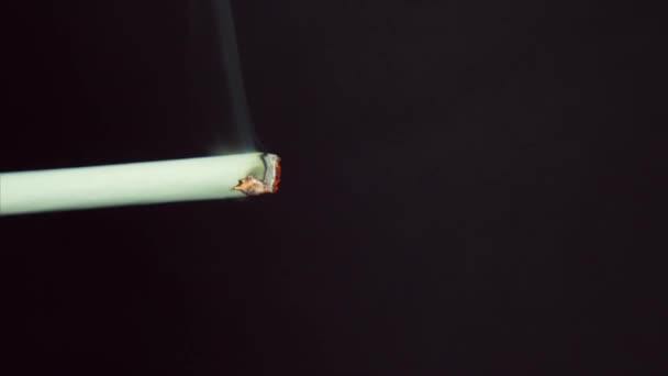 Primo piano di una sigaretta in fiamme. Fumare una sigaretta su uno sfondo nero. Primo piano di sigaretta in decomposizione su uno sfondo nero HD - Filmati, video