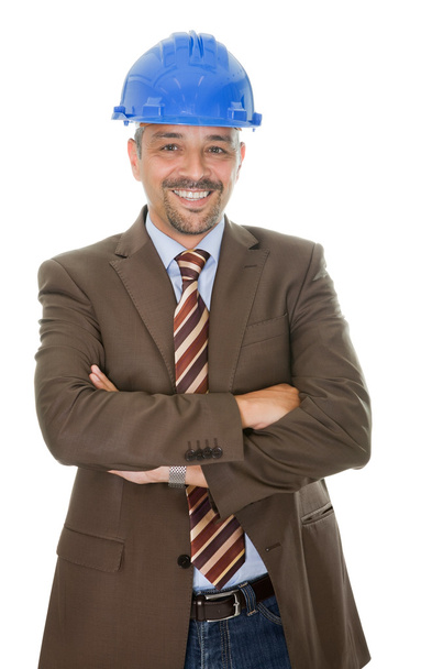Happy construction engineer on white background - Foto, afbeelding