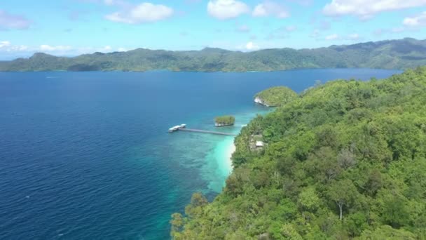 Ocean, mountain and coast on island from drone with holiday landscape with green environment. Travel vacation, nature and aerial view of tropical sea, forest and blue water in Indonesia with freedom - Footage, Video