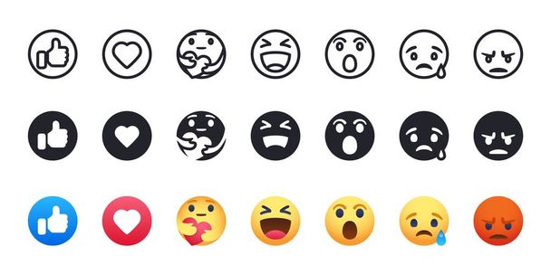 Facebook reakce tvář emoji vektor nastavit, jako, láska, péče, haha, wow, smutný, naštvaný, - Vektor, obrázek