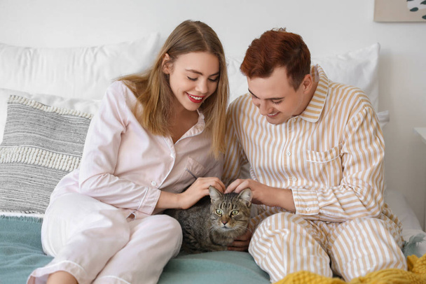 Young couple with cute cat in bedroom - Foto, immagini