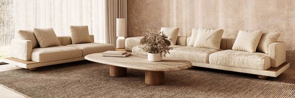 Una sala de estar escandinava boho, invitando con sofás texturizados y acentos de madera, creando un ambiente acogedor y moderno. 3d renderizar - Foto, imagen