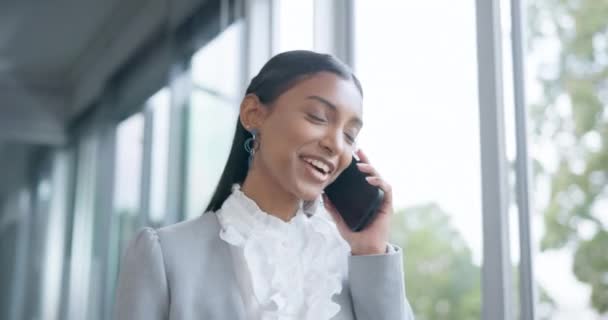 Business, phone call and woman with a smile, walking or connection with conversation, planning or office. Person, consultant or professional with a smartphone, communication or happiness with contact. - Footage, Video