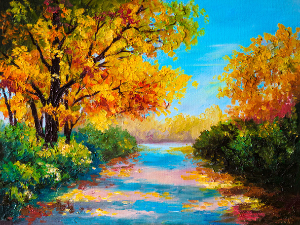 obraz olejny pejzaż - jesień kolorowy las - Zdjęcie, obraz
