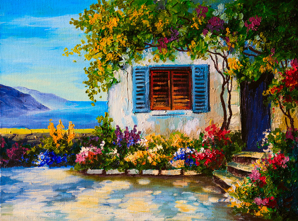 Obraz olejny na płótnie piękne domy w pobliżu morza, abstr - Zdjęcie, obraz