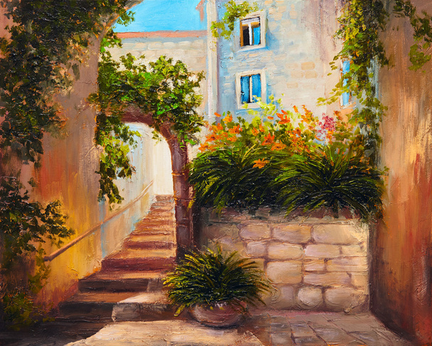 oil painting - summer street with blooming flowers. Colorful abs - Photo, Image