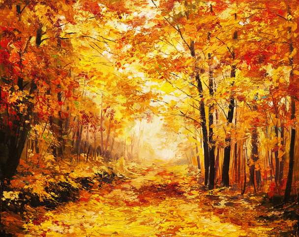 Пейзаж живописи маслом - красочный осенний лес
 - Фото, изображение
