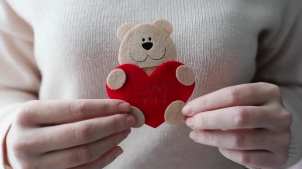 Μικρή χαριτωμένη τσόχα αρκούδα κρατώντας κόκκινη καρδιά στα χέρια της γυναίκας κοντά Ημέρα του Αγίου Βαλεντίνου - Πλάνα, βίντεο