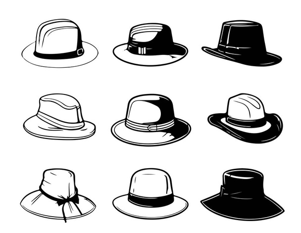 Hattu kokoelma käsin piirtää kaiverrus tyyli musta ja valkoinen clipart eristetty valkoisella pohjalla - Vektori, kuva