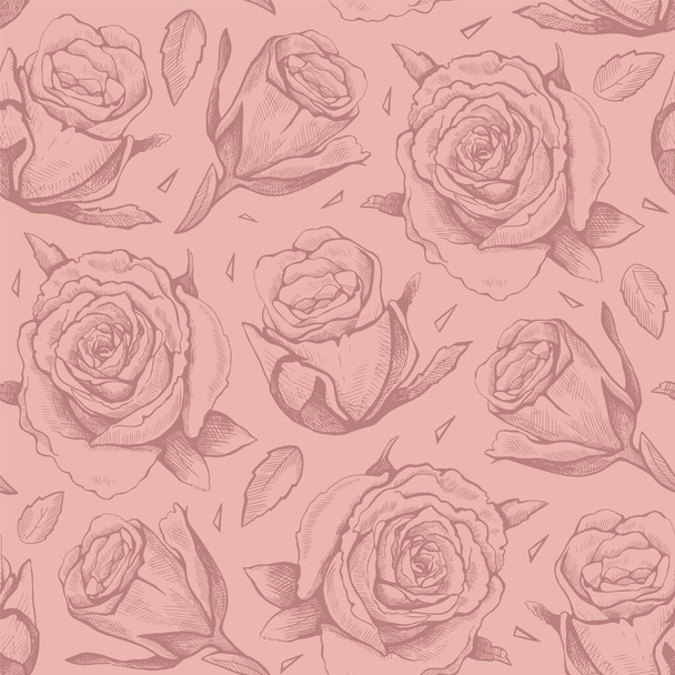 Pink seamless vector pattern of hand drawn roses. Illustration for wrapping paper, fabric, wallpaper. - Vector, Image