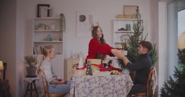 Mujer joven dando regalos de Navidad a amigos y amigas en casa durante las vacaciones - Imágenes, Vídeo