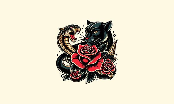 fej párduc és kígyó és rózsa vektor tetoválás tervezés - Vektor, kép