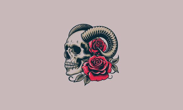 κεφαλή κρανίο με κέρατο και κόκκινο τριαντάφυλλο διάνυσμα τατουάζ σχεδιασμό - Διάνυσμα, εικόνα