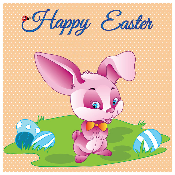 Hand drawn Happy easter vector pastel card with mysterious rabbit gentleman with bow and eggs meadow - Vector, imagen
