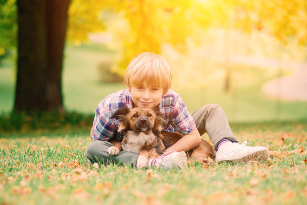 Αγόρι αγκαλιάζει ένα σκύλο και πλαγιάζει μαζί του το φθινόπωρο, στο πάρκο της πόλης - Φωτογραφία, εικόνα