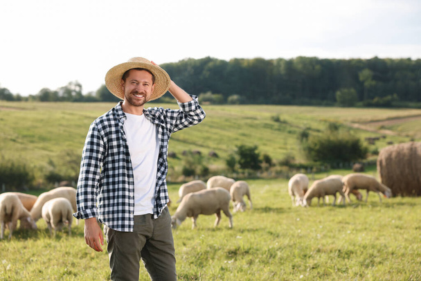 Smiling farmer and animals on pasture. Space for text - Фото, зображення