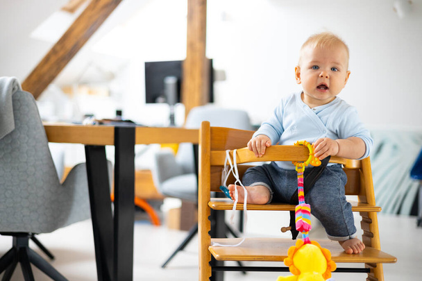 Modern, parlak evdeki geleneksel İskandinav tasarımcı tahta yüksek sandalyede oturup oyuncağıyla oynamaktan mutlu. Tatlı bebek. - Fotoğraf, Görsel