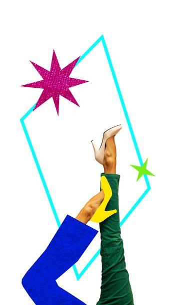 Poster. Contemporary art collage. Unrecognizable woman, her legs dressed in retro clothes and bright high heels dancing upside down. Concept of art, disco, party, retro fashion, happy and fun. - Photo, Image