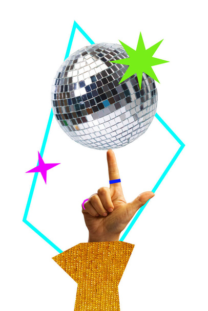 Poster. Contemporary art collage. One hands spins festive shiny discus thrower on one finger against white background with drawings. Concept of art, disco, party, retro fashion, happy and fun. - Photo, Image