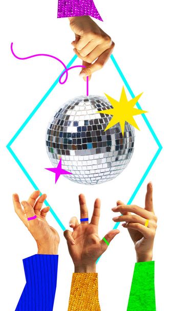 Poster. Contemporary art collage. One hand holds bright shiny discus thrower and rest of hands reach out to it, dancing merrily. Concept of art, disco, party, retro fashion, happy and fun. - Photo, Image