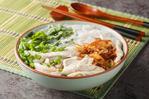 Mien Ga es una sopa de pollo vietnamita súper simple y deliciosa con fideos de celofán en primer plano en el tazón sobre la mesa. Horizonta - Foto, Imagen