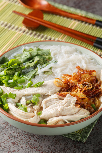 Sopa de pollo vietnamita con fideos de vidrio Mien Ga primer plano en el tazón sobre la mesa. Vertica - Foto, Imagen