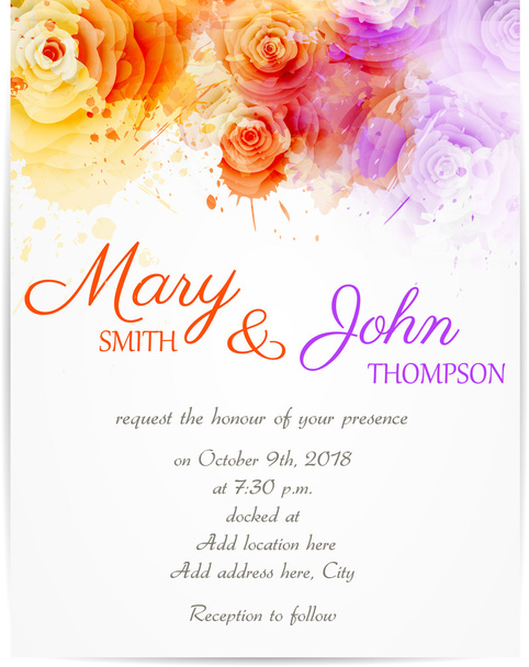 Wedding invitation template with abstract roses - Vector, Image