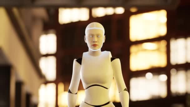 robot femelle marchant le long d'une rue dans une grande ville. robot humanoïde AI traversant la rue. Animation 3D. futur travail d'automatisation - Séquence, vidéo