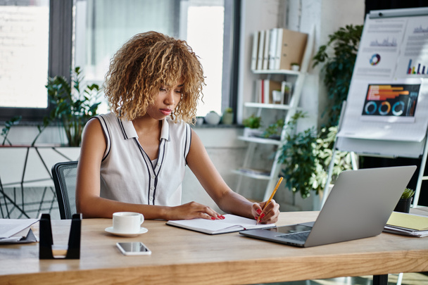 Kendini işine adamış Afro-Amerikan iş kadını ofiste dizüstü bilgisayar ve akıllı telefonun yanında not alıyor. - Fotoğraf, Görsel