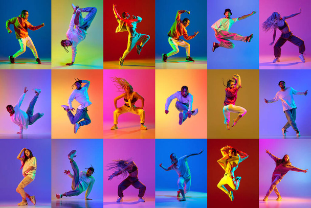 Yetenekli genç dansçılarla çağdaş yaratıcı kolaj, erkek ve kadın, neon ışıkta serbest dans eden. Gençlik kavramı, hobi, retro tarzı, 90 'ların çağı, moda, yaşam tarzı, reklam. - Fotoğraf, Görsel