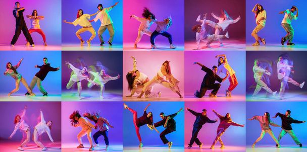 Collage hecho de retratos dinámicos de bailarines talentosos, hacen movimientos corporales suaves con piernas y brazos en luz de neón contra fondo degradado. Concepto de juventud, hobby, moda, estilo de vida, anuncio. - Foto, imagen
