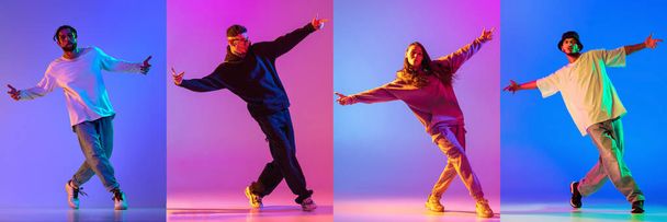 Kolaż wykonany z czterech portretów utalentowanych ludzi, profesjonalnych tancerzy poruszających się, tańczących w akcji na gradientowym tle w neonowym świetle. Koncepcja młodości, hobby, stylu, lat 90., mody. Sztandar - Zdjęcie, obraz