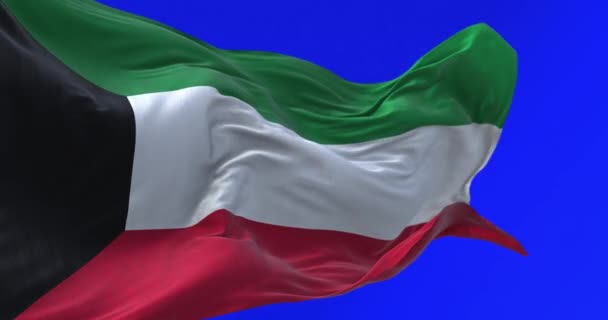 Mavi ekranda dalgalanan Kuveyt bayrağının yakın çekimi. Sol tarafında siyah bir trapezoid olan yeşil, beyaz ve kırmızı çizgiler. Kusursuz 3D canlandırma animasyonu. Krom anahtar. Yavaş çekim döngüsü. 4K - Video, Çekim